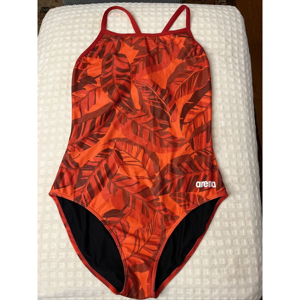 Arena One Piece Racer Back Lap Swimsuit Athletic 42 US XL Red Tropical Print